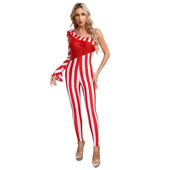 inhzoy Womens Christmas Candy Cane Jumpsuit Long Sleeve Striped Bodysuit Leotard for Xmas Party Red-B 3XL
