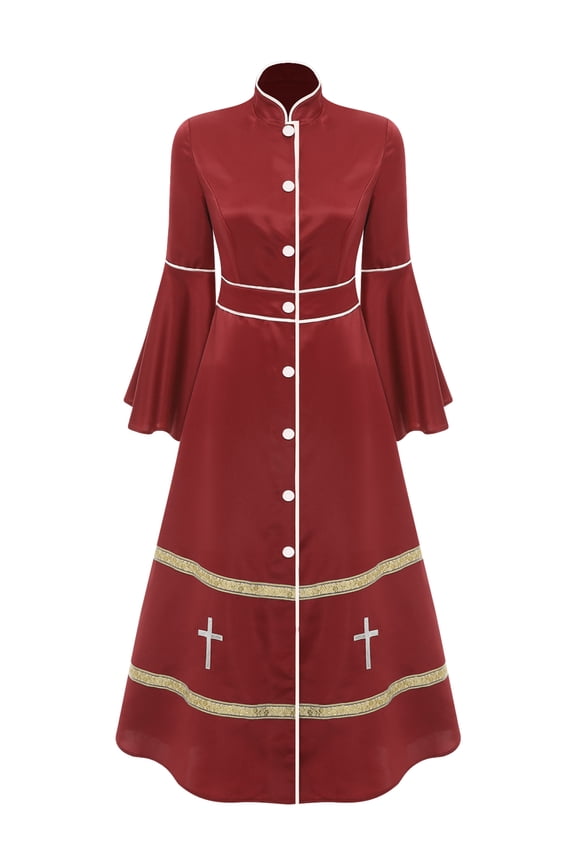 Womens Clergy Minister Cassock Robes Pulpit Church Pastor Robe Liturgical Vestment Costumes Burgundy 3XL