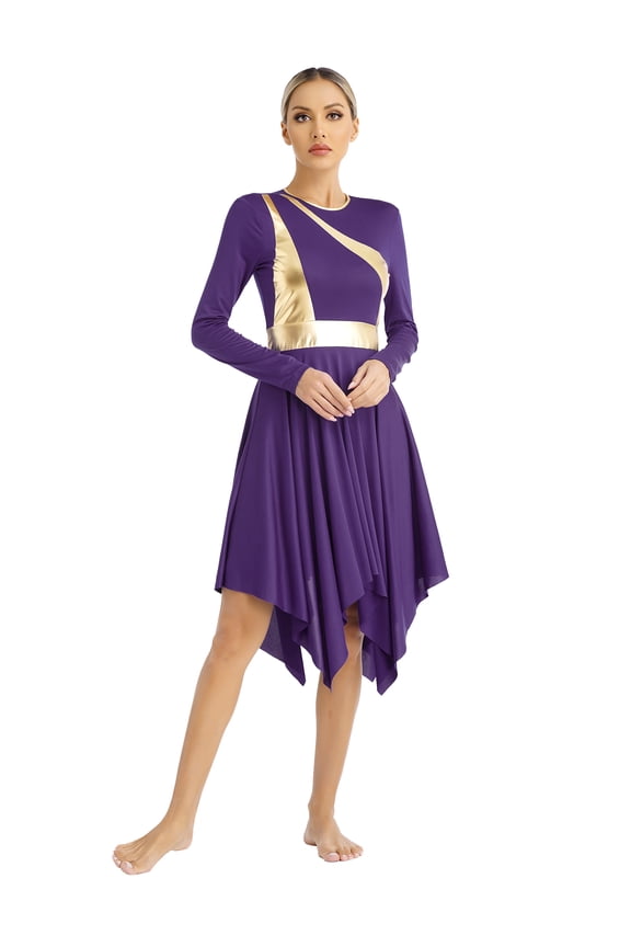 Womens Color Block Praise Dance Worship Dress F1168Purple S