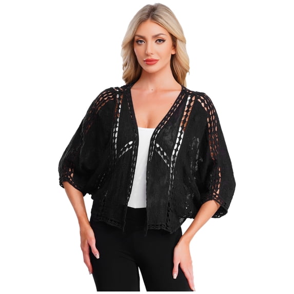inhzoy Womens Crochet Shrug Cardigans Hollow-out Batwing Sleeve Lightweight Open Front Bolero Sweaters Black One Size