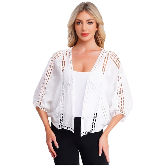 inhzoy Womens Crochet Shrug Cardigans Hollow-out Batwing Sleeve Lightweight Open Front Bolero Sweaters White One Size