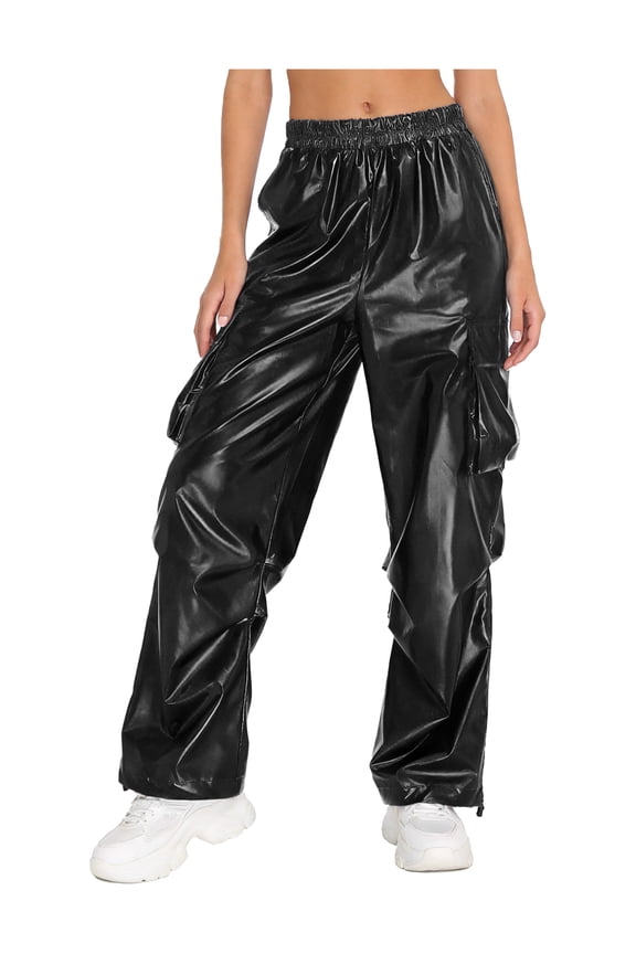 Womens Jazz Hip-hop Dance Long Pants Metallic Shiny Elastic Waistband Drawstring Legs Black M