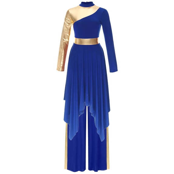 inhzoy Womens Liturgical Praise Dance Outfits Color Block Long Sleeve Dress With Wideleg Pants Blue S