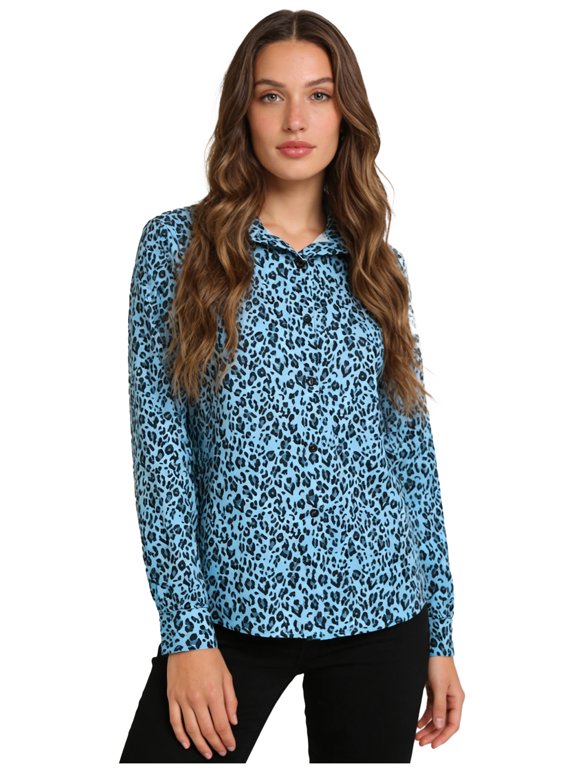 Womens Long Sleeve Leopard Print Button Down Shirts Casual Business Dressy Blouses Fall Clothes Blue M