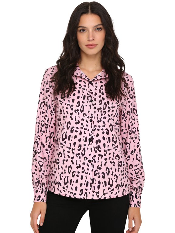 Womens Long Sleeve Leopard Print Button Down Shirts Casual Business Dressy Blouses Fall Clothes Pink M