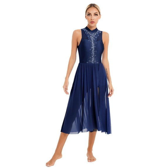 inhzoy Womens Lyrical Dance Dress Shiny Flowy Ballet Leotard Dancewear Navy Blue XXL