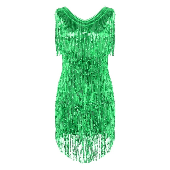inhzoy Womens Sequins Flapper Latin Salsa Dance Dress V-Neck Tassel 1920s Cocktail Party Dress Green XX