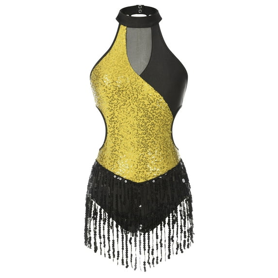 inhzoy Womens Sequins Latin Jazz Dance Dress Sleeveless Tassel Salsa Samba Ballroom Dance Costume Gold XL