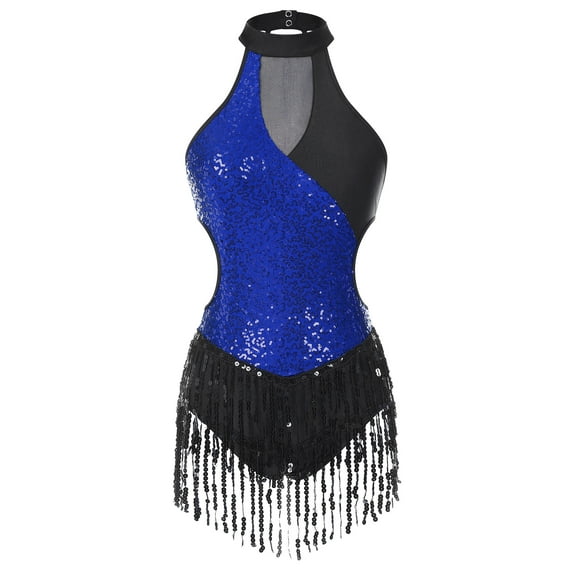inhzoy Womens Sequins Latin Jazz Dance Dress Sleeveless Tassel Salsa Samba Ballroom Dance Costume Royal Blue XL