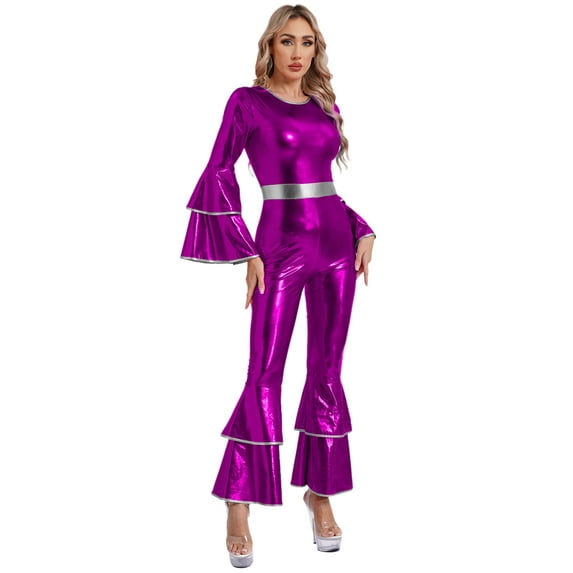 inhzoy Womens Shiny Metallic 70s Disco Party Dance Outfit One-Piece Flare Long Sleeve Jumpsuit Romper Purple S