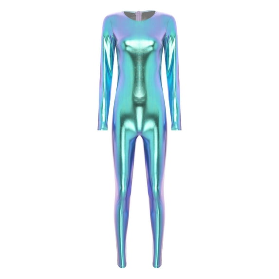inhzoy Womens Shiny Metallic Jumpsuit One-Piece Long Sleeve Yoga Gymnastic Sports Unitard Bodysuit Blue 3XL