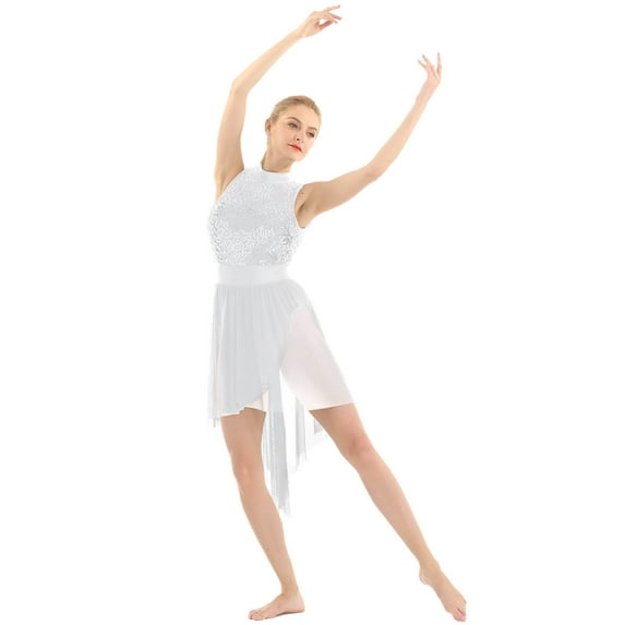 inhzoy Womens Shiny Sequins Halter Neck Lyrical Ballet Dance Dress White X-Large