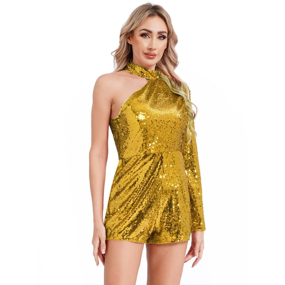 inhzoy Womens Sparkly Sequins Romper Jumpsuit Single Shoulder Bodysuit Party Clubwear Dressy Outfit Gold S