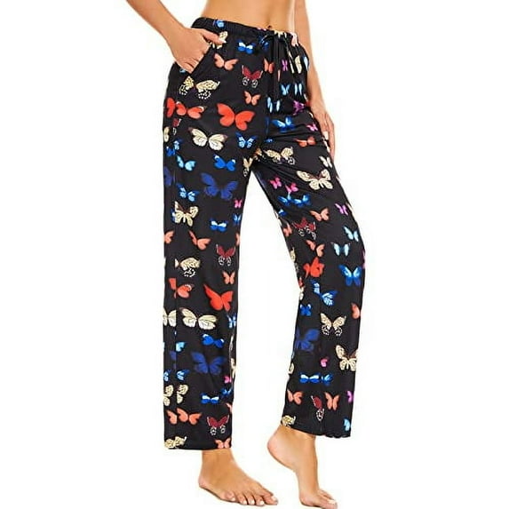 iniber Womens Pajama Pants with Pockets, Soft Drawstring Lounge Pants Pjs Sleep Bottoms(Butterfly, Large)