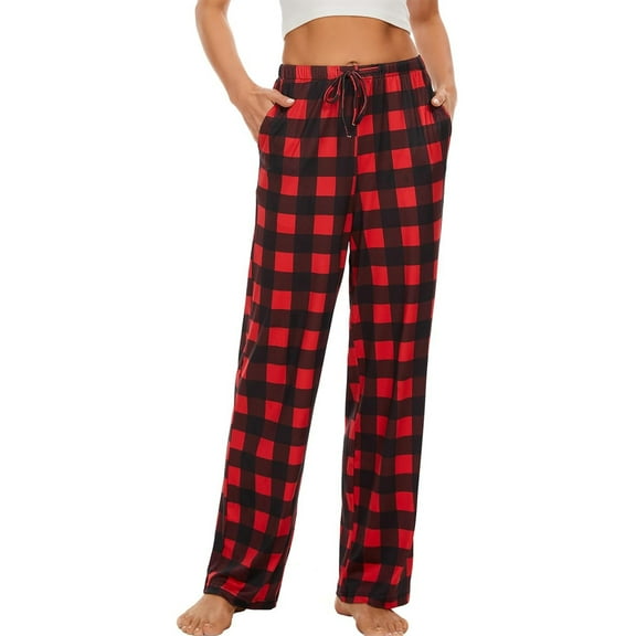 iniber Womens Pajama Pants with Pockets, Soft Drawstring Lounge Pants Pjs Sleep Bottoms(Plaid 01, Large)
