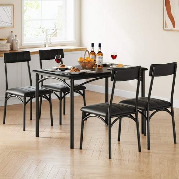 ining Table Set for 4, Kitchen Table and Chairs, Metal and Wood Rectangular Dining Room Table Set with 4 Upholstered Chairs, 5 Piece Dining Set for Small Space, Apartment, Black