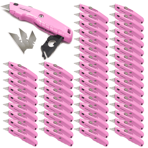 Pink Power Box Cutter Retractable, Pink Utility Knife for Carpet, Cute Box Cutter Knife Heavy Duty with 3 Blades and Storage Compartment - Opener Pocket Utility Tools for Women (50)