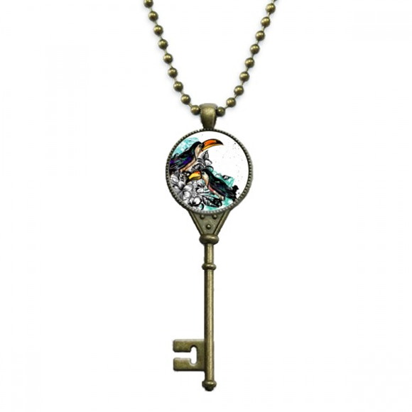 ink painting toco tropical bird key necklace pendant tray embellished chain