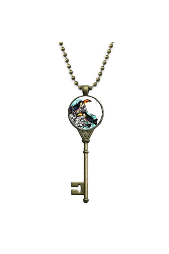 ink painting toco tropical bird key necklace pendant tray embellished chain