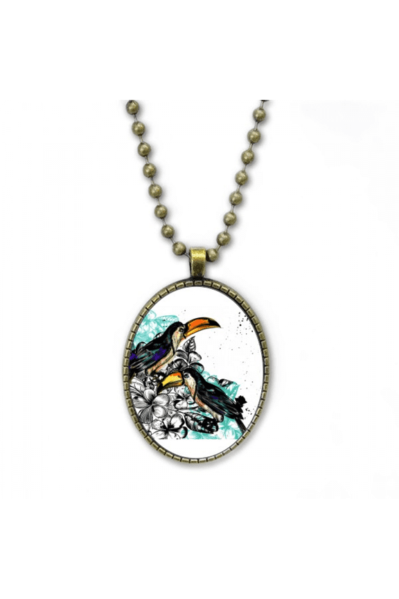 ink painting toco tropical bird necklace vintage chain bead pendant jewelry collection
