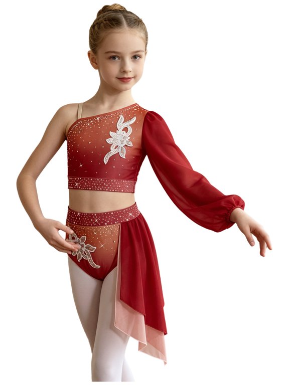 2-Piece Lyrical Dance Dress for Girls Competitions and Performance Modern Contemporary Dance Costumes Burgundy 10