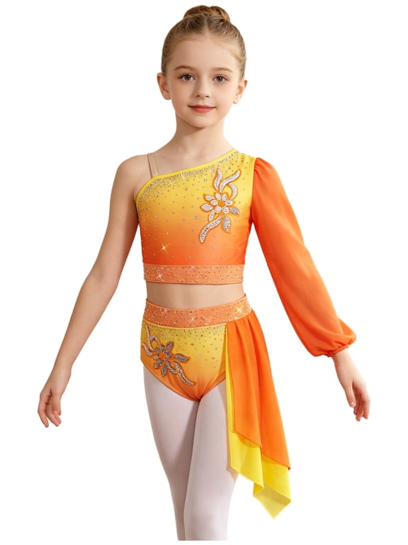 2-Piece Lyrical Dance Dress for Girls Competitions and Performance Modern Contemporary Dance Costumes Orange 10
