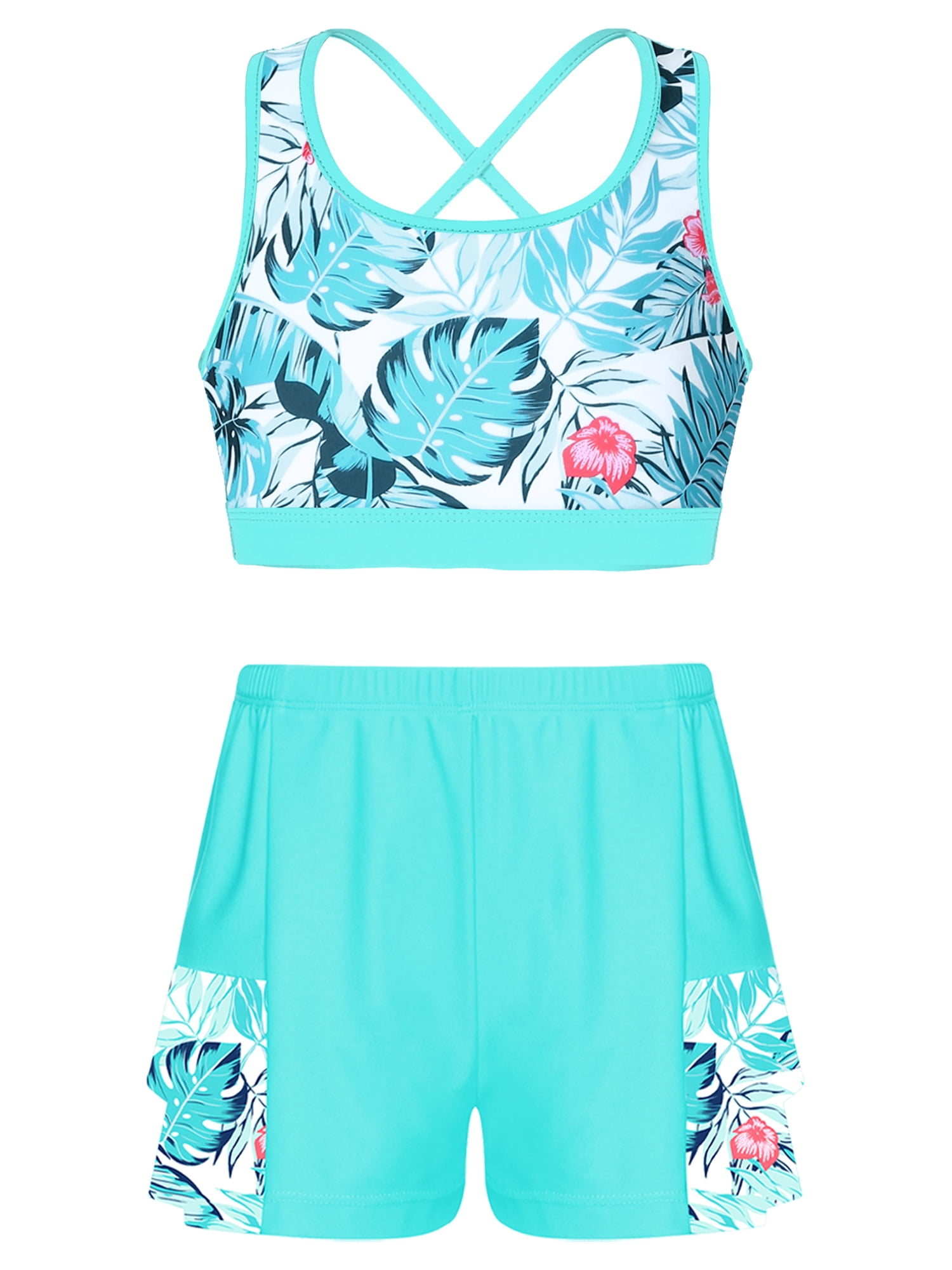 inlzdz 2Pcs Girls Tankini Swimsuit Swim Trunks with Tops Set Summer