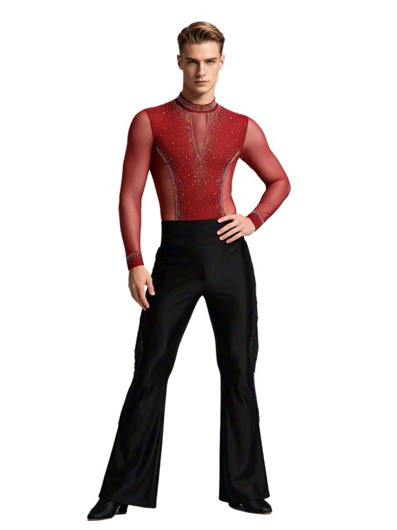 2Pcs Men's Latin Ballroom Dance Costumes for Figure Skating Chacha Dance Red&Black M
