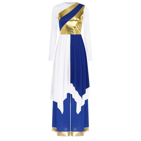 inlzdz 2pcs Women Liturgical Praise Dancewear Long Sleeve Metallic Color Irregular Hem Worship Dress Wide Leg Pants Blue XXL