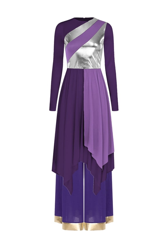 2pcs Women Liturgical Praise Dancewear Long Sleeve Metallic Color Irregular Hem Worship Dress Wide Leg Pants Purple XXL