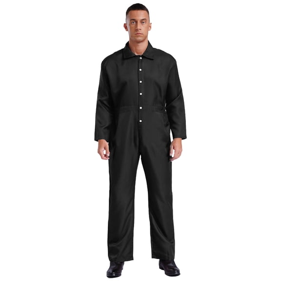 inlzdz Adult Unisex Wear Resistant Long Sleeve Coveralls Button-up Work Overalls Black S