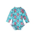 thumbnail image 1 of inlzdz Baby Girls Long Sleeve Ruffle Floral Print Swimsuit One Piece Zipper Swimwear Bathing Suit Rash Guard Blue 18-24 Months, 1 of 7