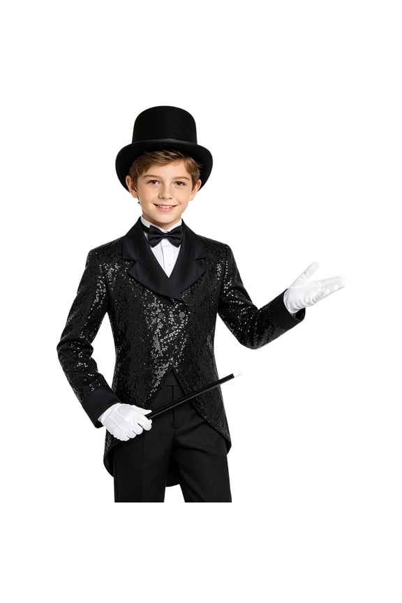 Big Boys Magician Outfit Glitter Suit Tuxedo Jacket with Hat Gloves and Wand Magic Shows Dancing Coat Black 14