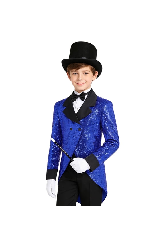 Big Boys Magician Outfit Glitter Suit Tuxedo Jacket with Hat Gloves and Wand Magic Shows Dancing Coat Royal Blue 6