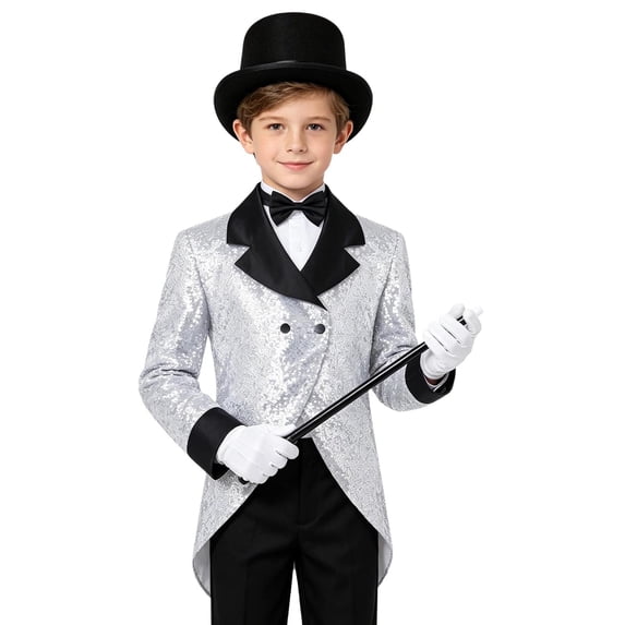 inlzdz Big Boys Magician Outfit Glitter Suit Tuxedo Jacket with Hat Gloves and Wand Magic Shows Dancing Coat Silver 14