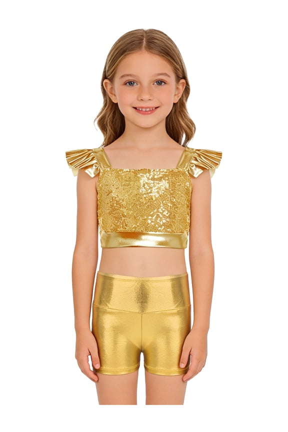 Big Girls 2 Piece Jazz Dance Outfits Sequins Shiny Crop Top with Metallic Shorts Cheerleading Uniform Set Gold 12