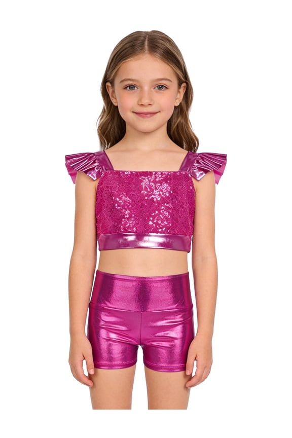 Big Girls 2 Piece Jazz Dance Outfits Sequins Shiny Crop Top with Metallic Shorts Cheerleading Uniform Set Hot Pink 10