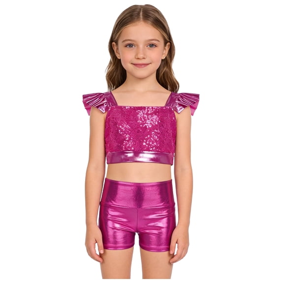 inlzdz Big Girls 2 Piece Jazz Dance Outfits Sequins Shiny Crop Top with Metallic Shorts Cheerleading Uniform Set Hot Pink 14