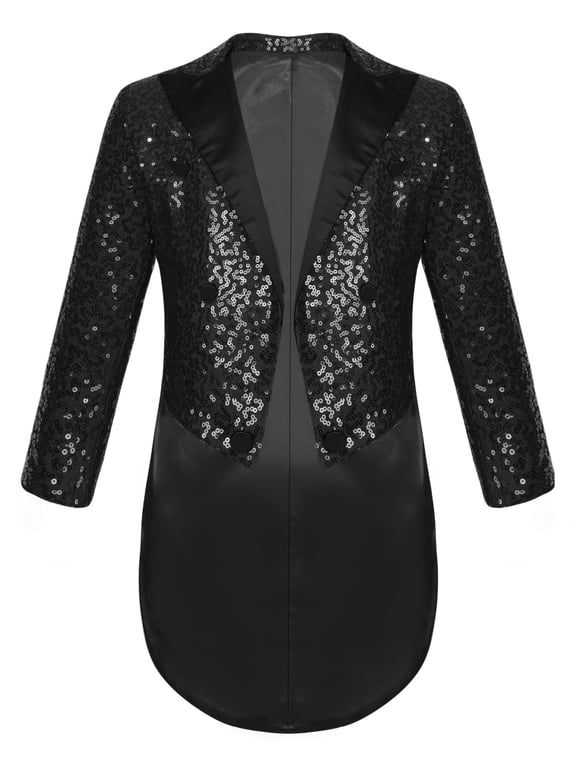 Boy's Tailcoat Blazer Sequined Swallowtail Suit Jacket Open Front Wedding Party Tux Dress Coat Black 8