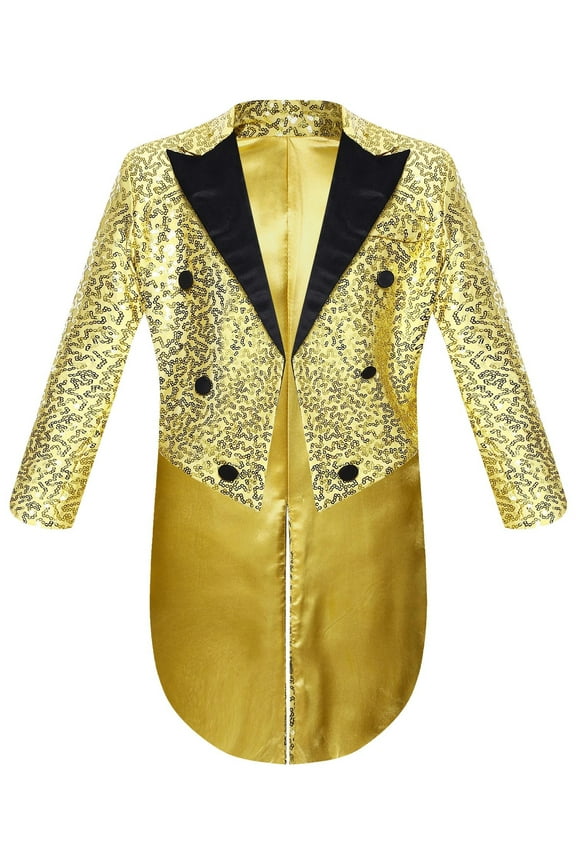 Boy's Tailcoat Blazer Sequined Swallowtail Suit Jacket Open Front Wedding Party Tux Dress Coat Gold 12