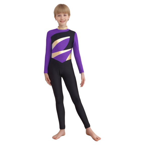 inlzdz Boys Full Body Unitard Long Sleeve Gymnastic Figure Skating Jumpsuit One Piece Athletic Leotard Purple 16