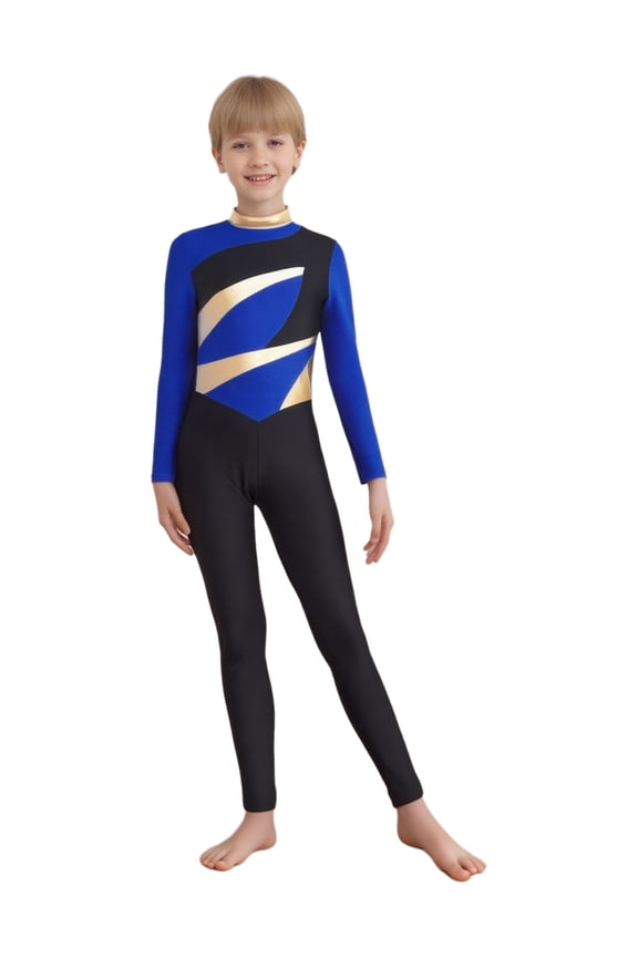 Boys Full Body Unitard Long Sleeve Gymnastic Figure Skating Jumpsuit One Piece Athletic Leotard Royal Blue 14