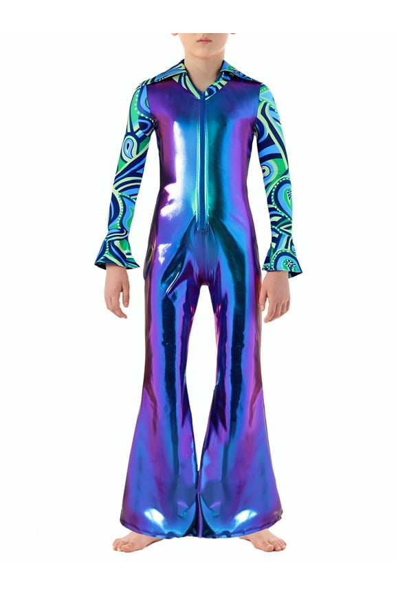 Boys Patchwork Print Disco Clothes Bell-bottomed Pants Jumpsuit for Jazz Dance Stage Shows Blue 12