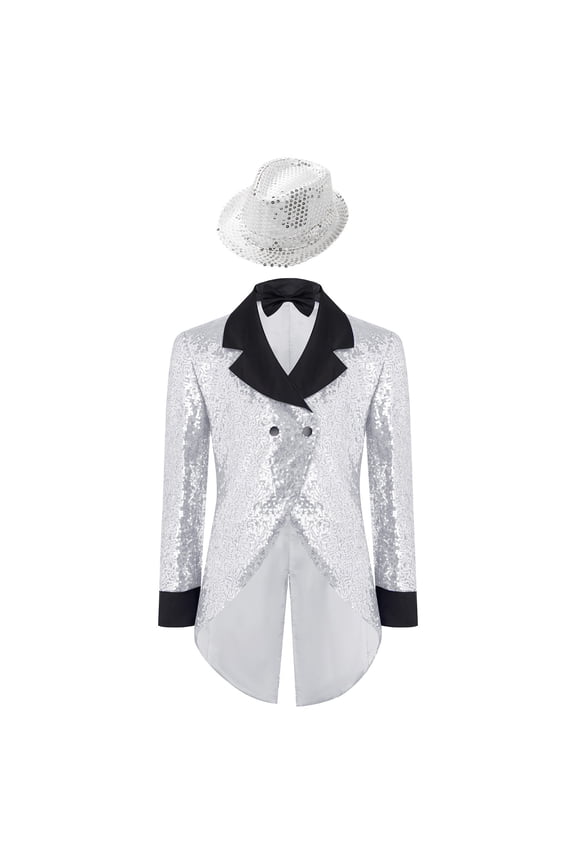 Boys Sequins Blazers Gentlemen Tuxedo Tailcoat Glitter Suit Jacket Formal Blazer for Party Prom Magician Silver 6