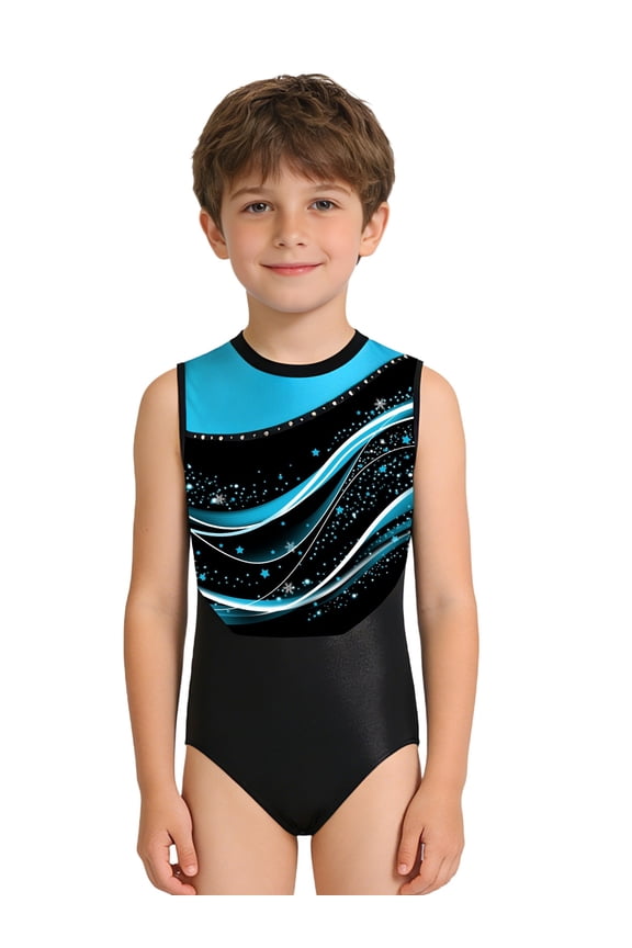 Boys Shiny Sleeveless Printed Leotards for Gymnastics Figure Skating Dance Training Performance Wear Light Blue 6