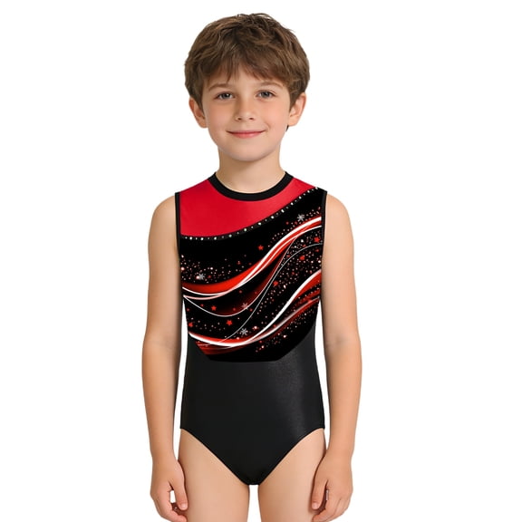inlzdz Boys Shiny Sleeveless Printed Leotards for Gymnastics Figure Skating Dance Training Performance Wear Red 10
