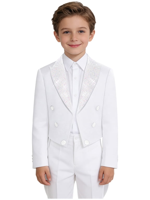 Boys Tailcoat Formal Tuxedo Slim Fit Suits Jacket for Kids Wedding Prom Performance Concert Outfits White 10