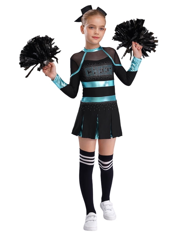 Kids Girls Cheer Leader Costumes Sparkly Mesh Long Sleeve Cheer Leader Dance Dress Outfits Blue Green&Black 6