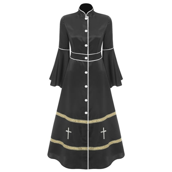 inlzdz Church Clergy Dress for Women Long Sleeve Buttons Minister Choir Robe Liturgical Vestments Black XXL