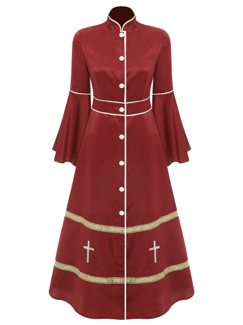 Inlzdz Church Clergy Dress for Women Long Sleeve Buttons Minister Choir Robe Liturgical Vestments Burgundy L, Women's, Size: Large, Red